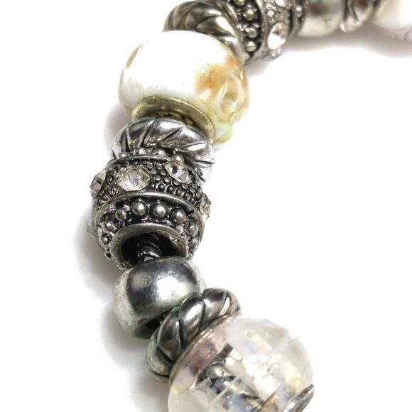 Beaded Silver Tone Rhinestone Snake Chain Bracelet, Heart Clasp, 8 1/2 Inches - Picture 4 of 8